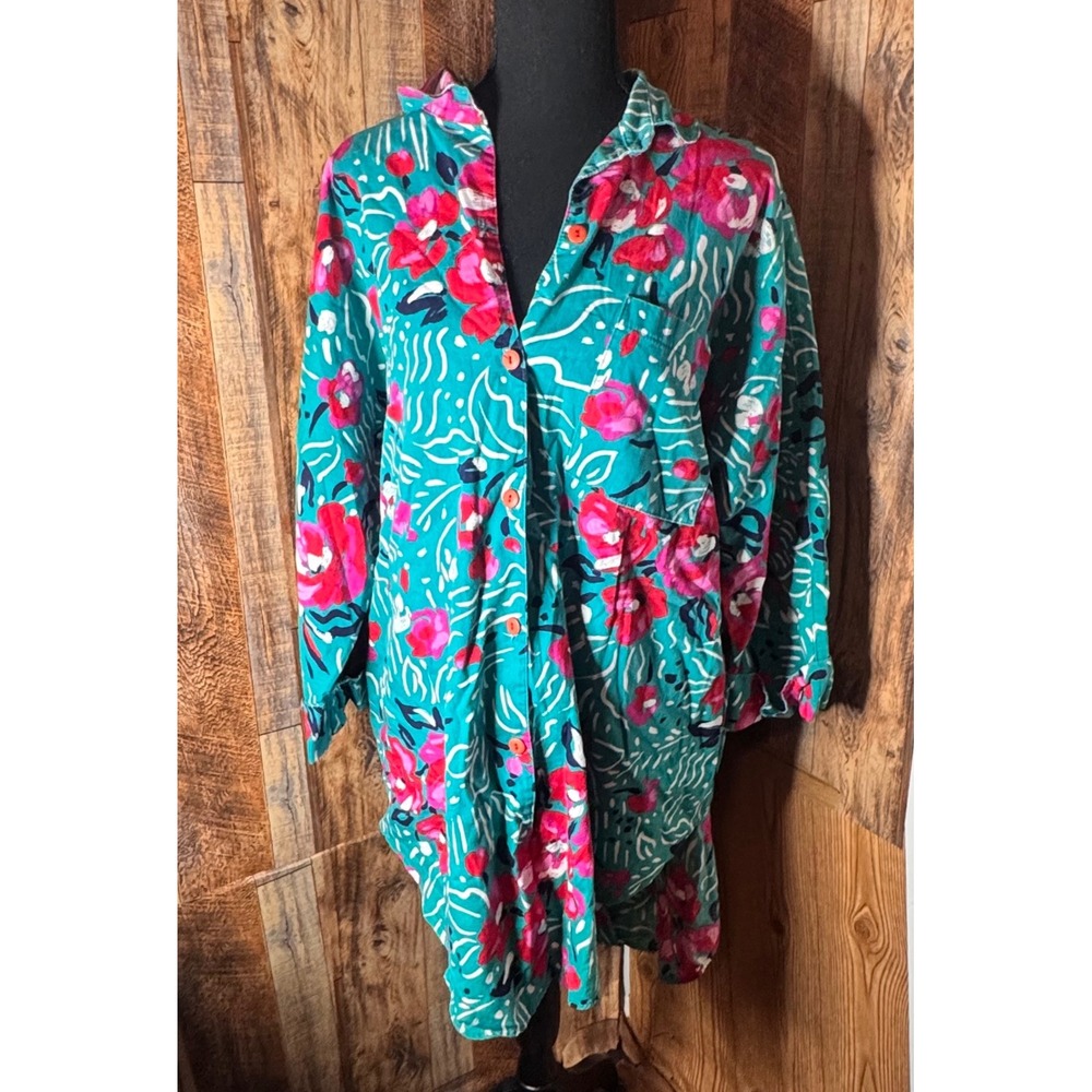 Vintage Regal Row‎ Floral Shirt Dress Turquoise Pink 90s Blouse Long Sleeve